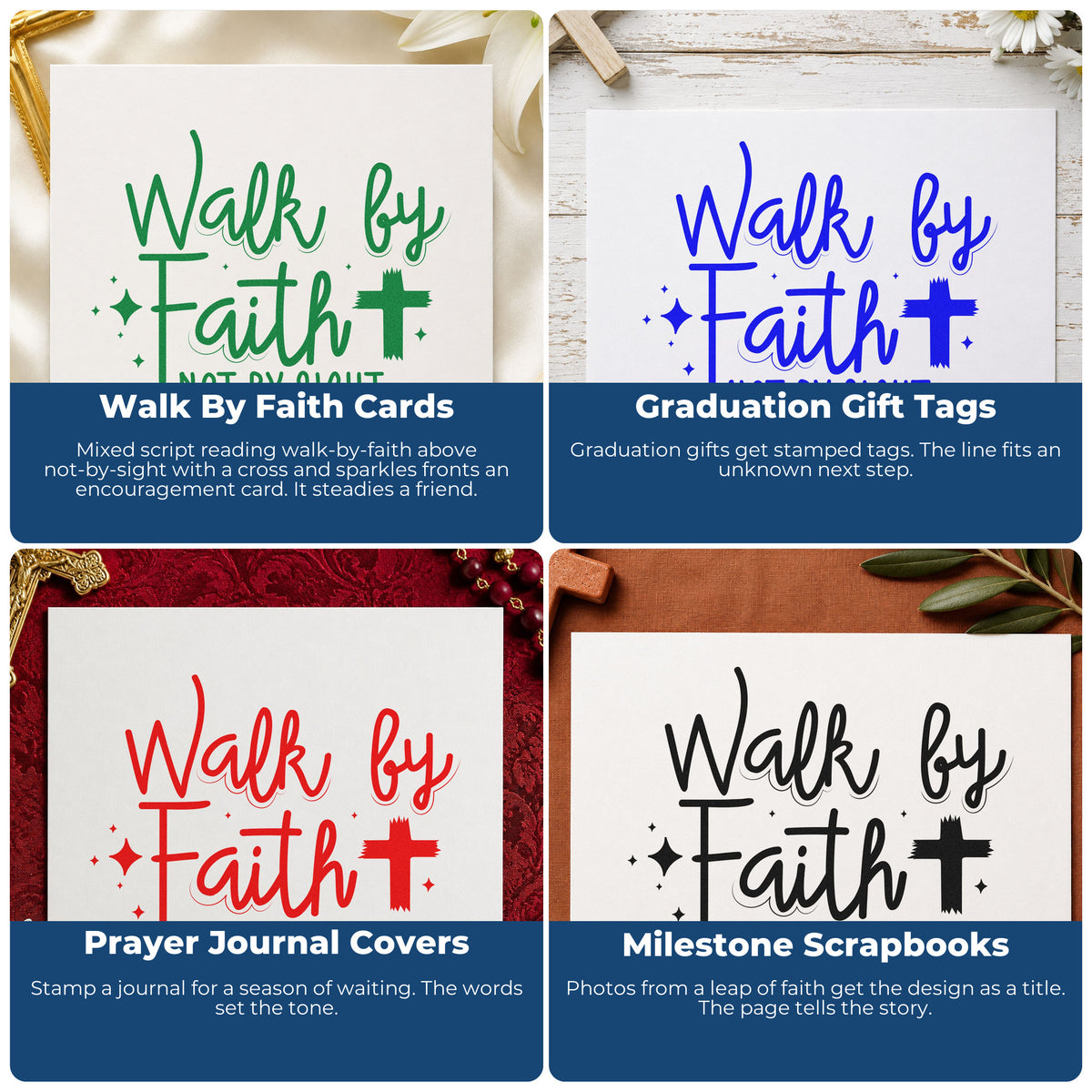Four ways to use the Walk By Faith Cross Premium Wood-Mounted Stamp - Vintage Pro: walk by faith cards, graduation gift tags, prayer journal covers and milestone scrapbooks.