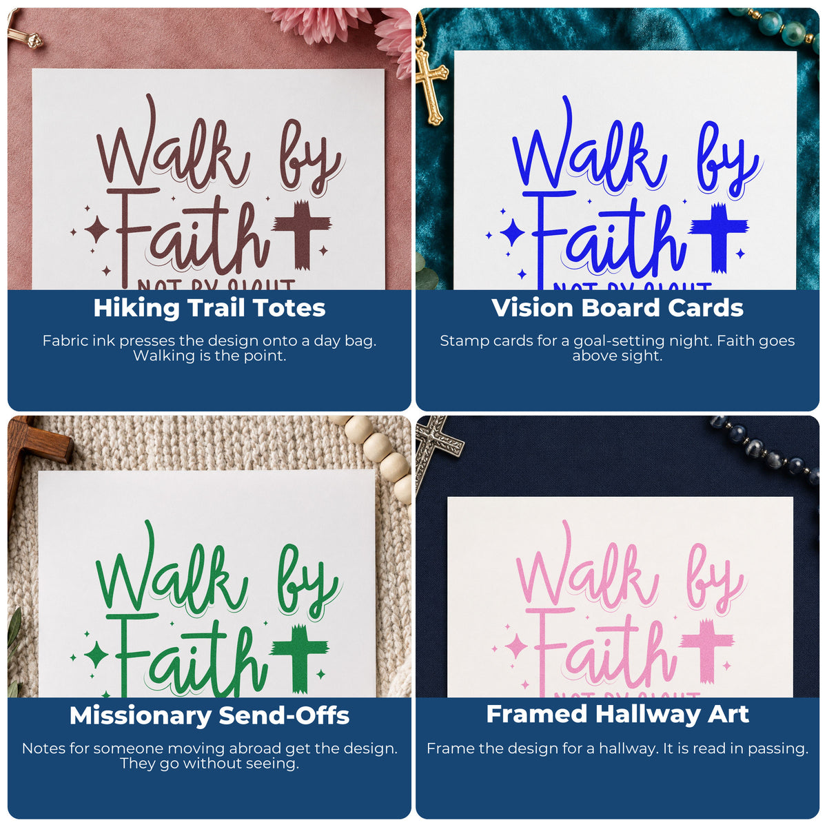 Four ways to use the Walk By Faith Cross Premium Wood-Mounted Stamp - Vintage Pro: hiking trail totes, vision board cards, missionary send-offs and framed hallway art.