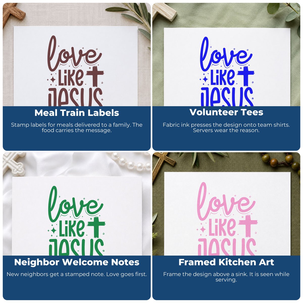 Four ways to use the Love Like Jesus Cross Accent Pre-Inked Stamp – Slim: meal train labels, volunteer tees, neighbor welcome notes and framed kitchen art.