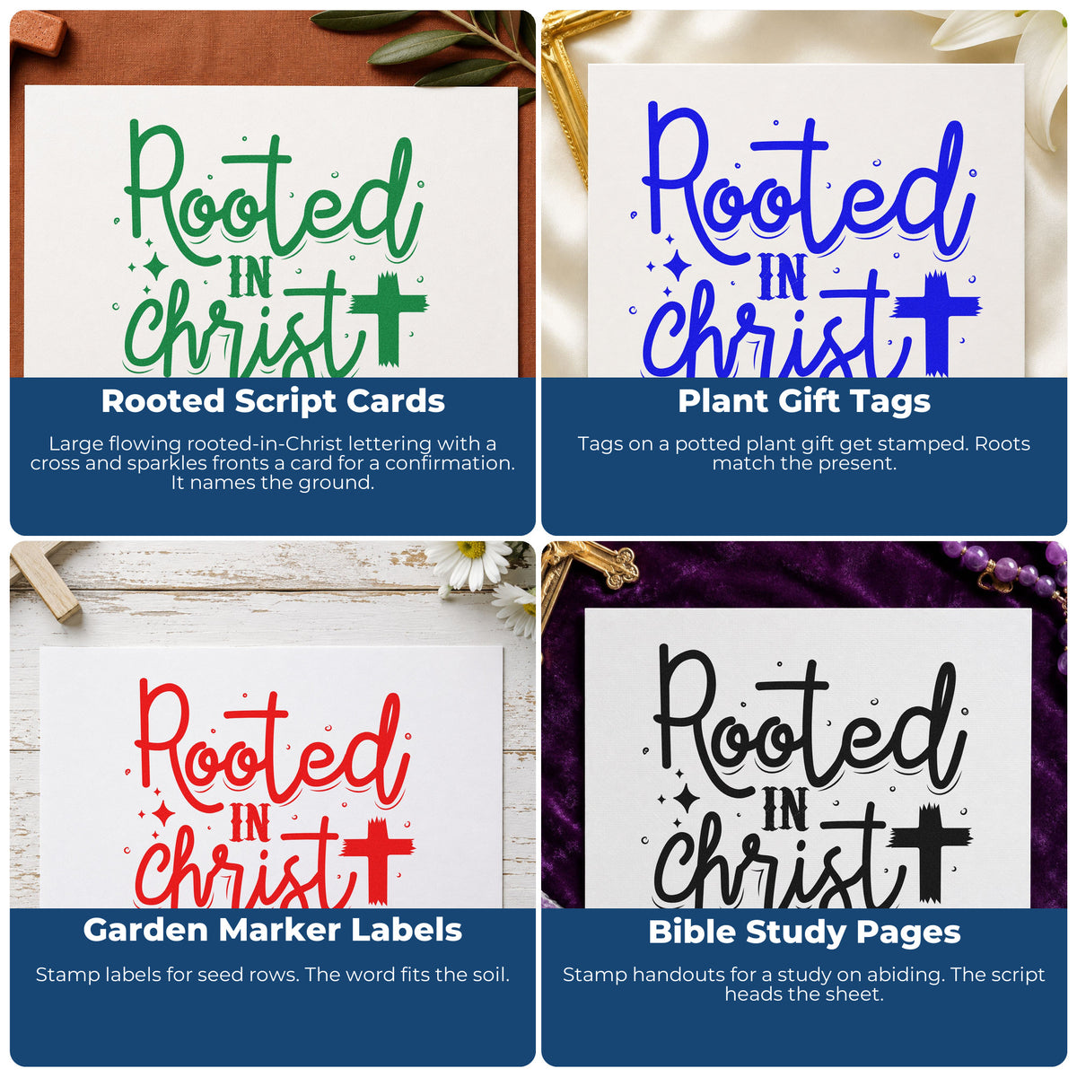 Four ways to use the Rooted In Christ Script Rubber Stamp – Wood Handle: rooted script cards, plant gift tags, garden marker labels and bible study pages.
