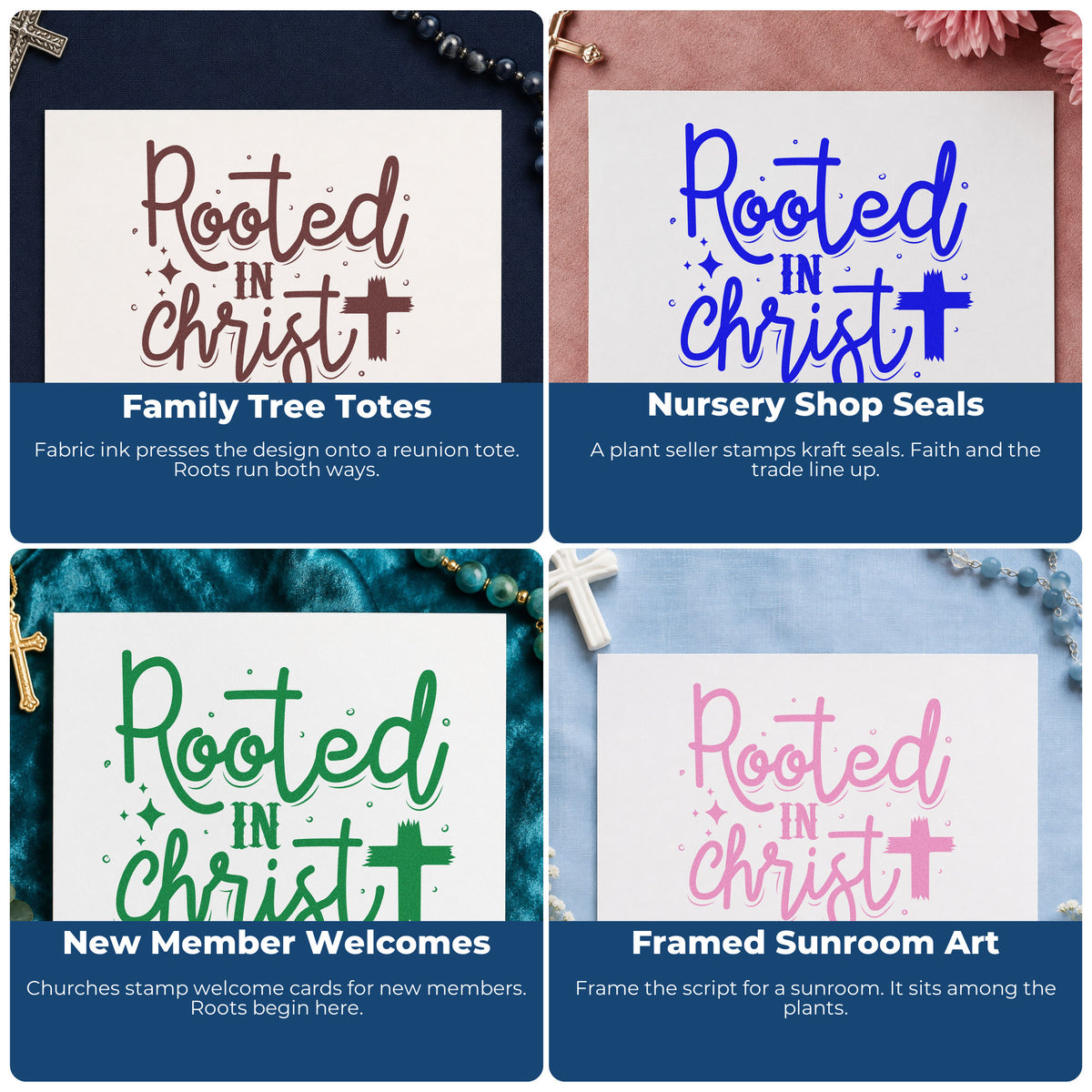 Four ways to use the Rooted In Christ Script Rubber Stamp – Wood Handle: family tree totes, nursery shop seals, new member welcomes and framed sunroom art.