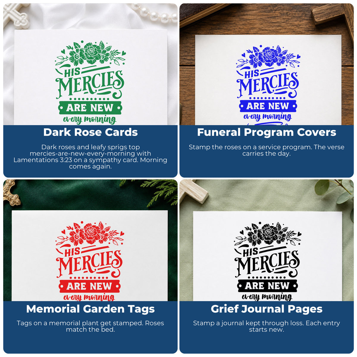 Four ways to use the Pre-Inked New Mercies Solid Roses Botanical Sprig Stamp – PSI: dark rose cards, funeral program covers, memorial garden tags and grief journal pages.