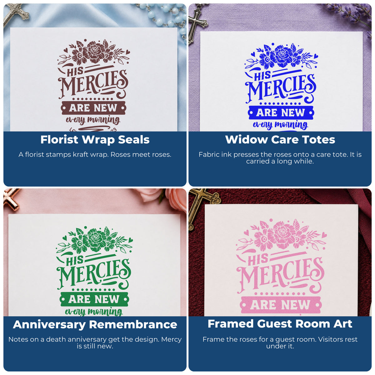 Four ways to use the New Mercies Solid Roses Botanical Sprig Craft Stamp – Self-Inking: florist wrap seals, widow care totes, anniversary remembrance and framed guest room art.