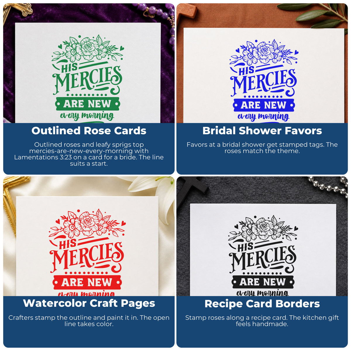 Four ways to use the New Mercies Outline Roses Compact Pre-Inked Stamp – Slim: outlined rose cards, bridal shower favors, watercolor craft pages and recipe card borders.