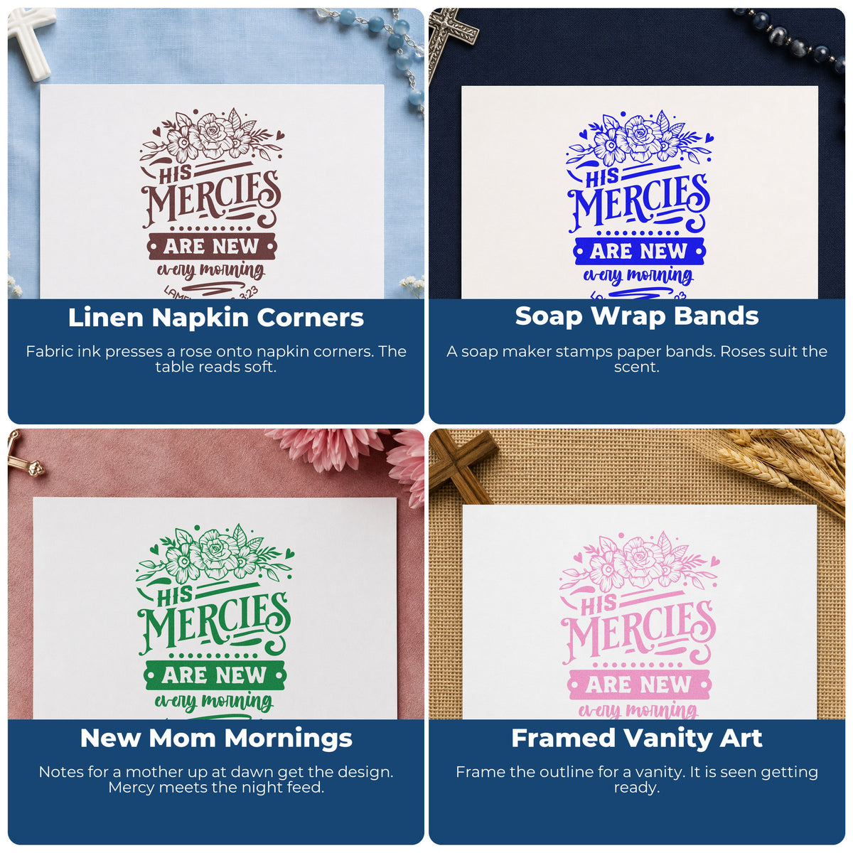 Four ways to use the New Mercies Outline Roses Compact Pre-Inked Stamp – Slim: linen napkin corners, soap wrap bands, new mom mornings and framed vanity art.