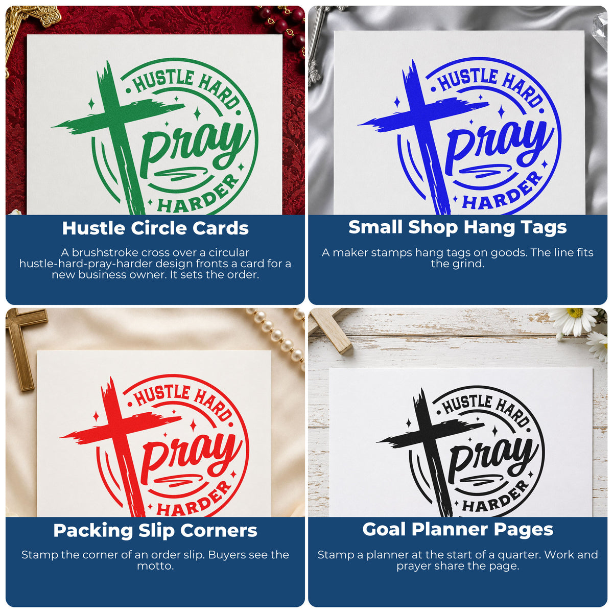 Four ways to use the Hustle Hard, Pray Harder Brushstroke Cross Premium Wooden Stamp - Vintage Pro: hustle circle cards, small shop hang tags, packing slip corners and goal planner pages.