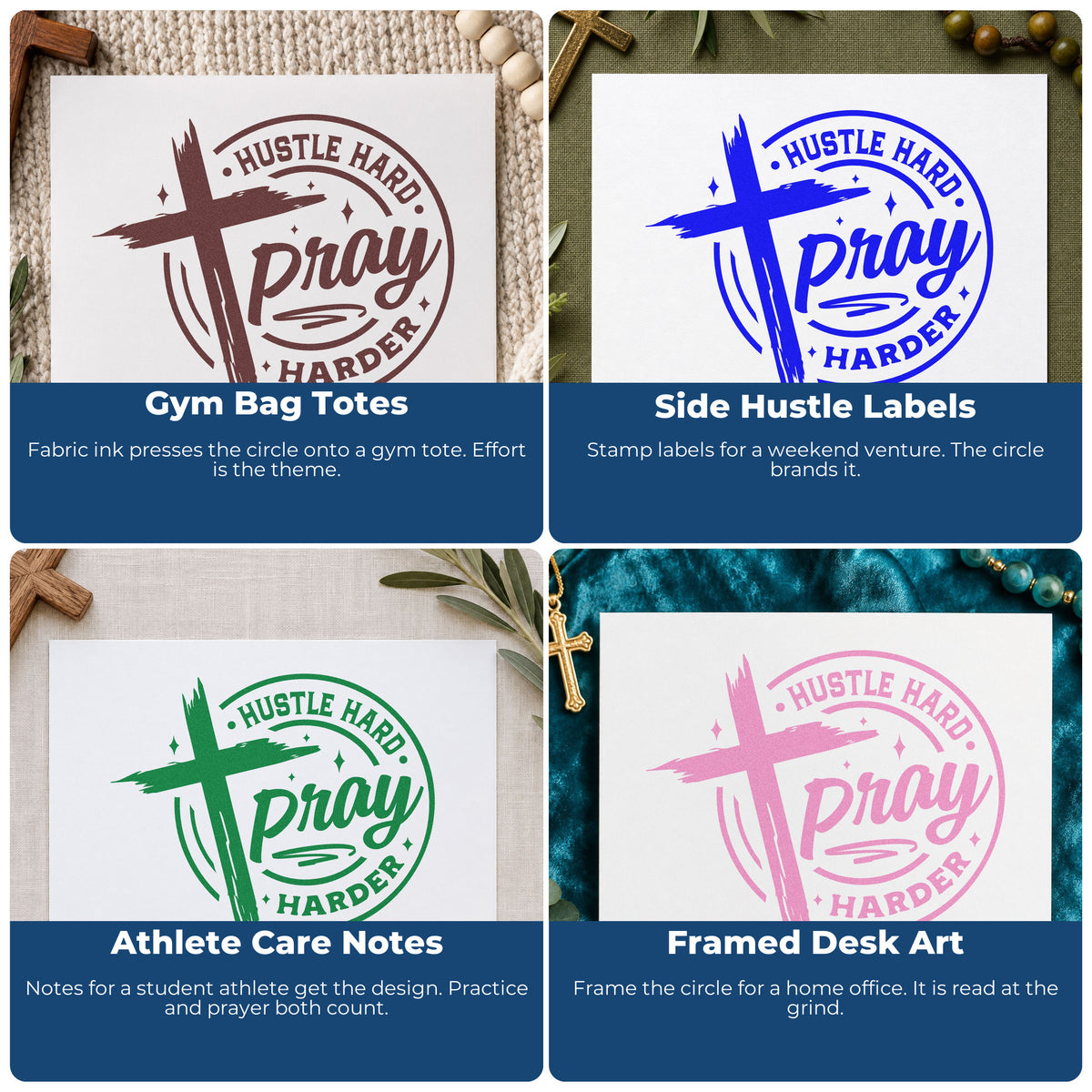 Four ways to use the Hustle Hard, Pray Harder Brushstroke Cross Premium Wooden Stamp - Vintage Pro: gym bag totes, side hustle labels, athlete care notes and framed desk art.
