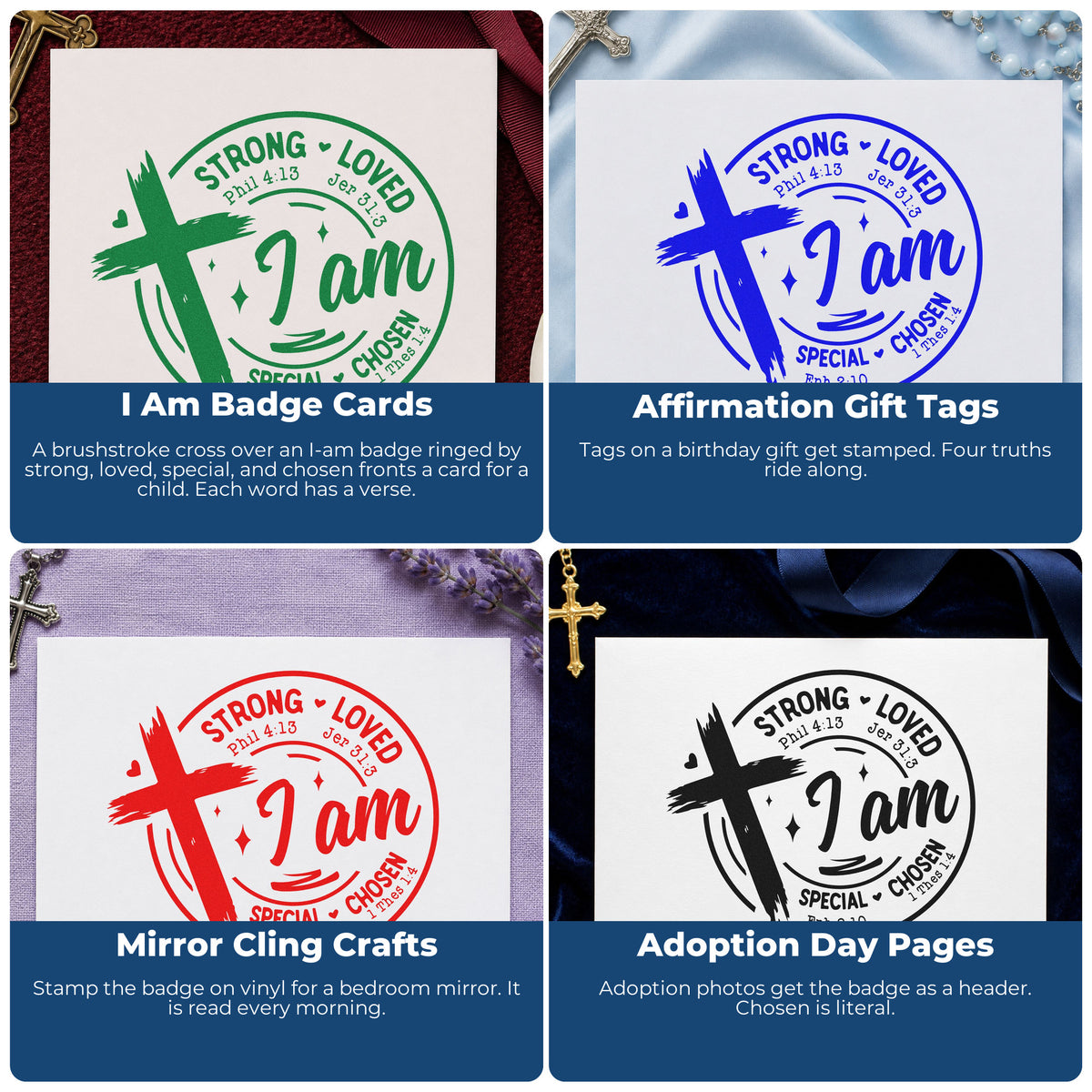 Four ways to use the I Am Strong Loved Chosen Pre-Inked Stamp – PSI: i am badge cards, affirmation gift tags, mirror cling crafts and adoption day pages.