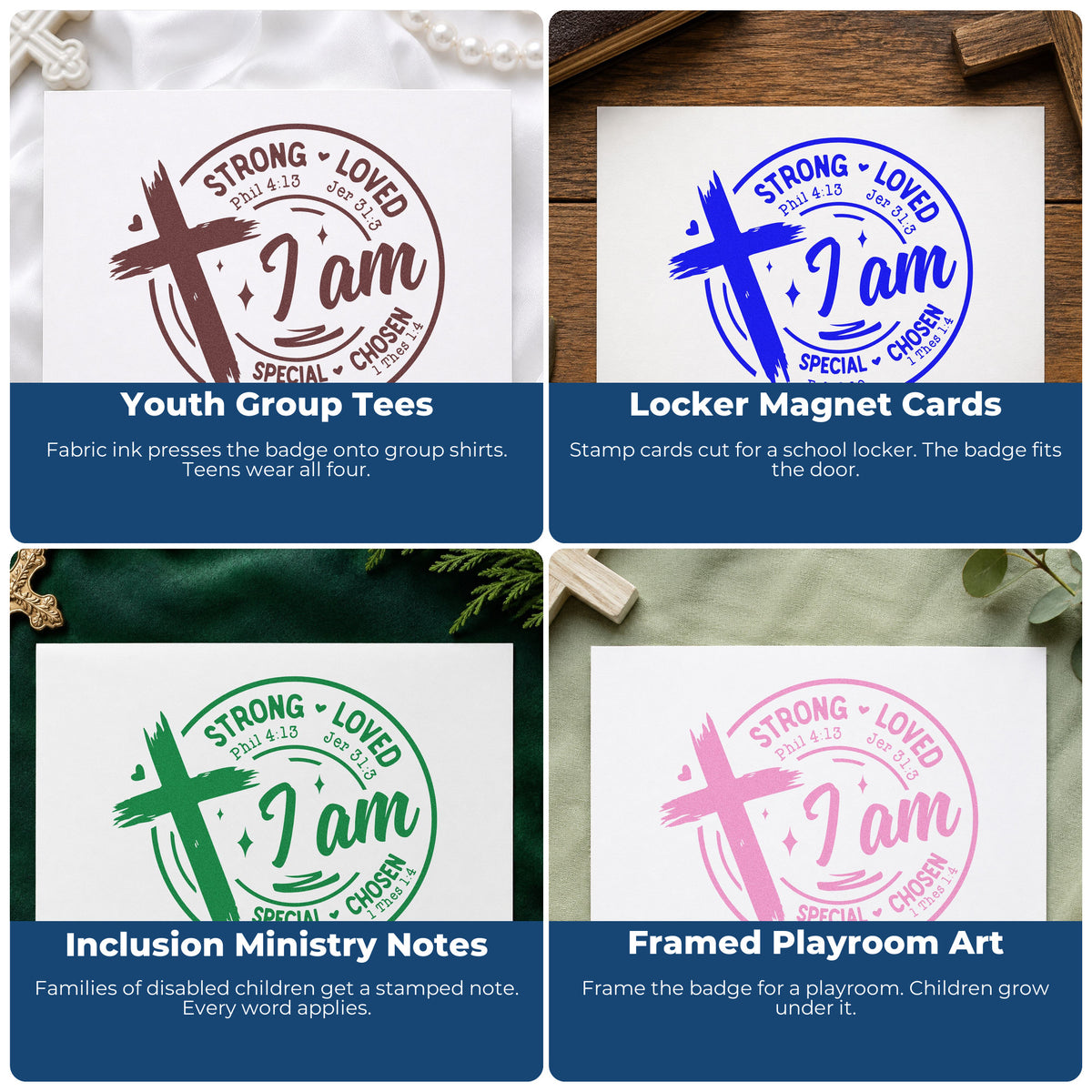 Four ways to use the I Am Strong Loved Chosen Rubber Stamp – Duo Hand: youth group tees, locker magnet cards, inclusion ministry notes and framed playroom art.