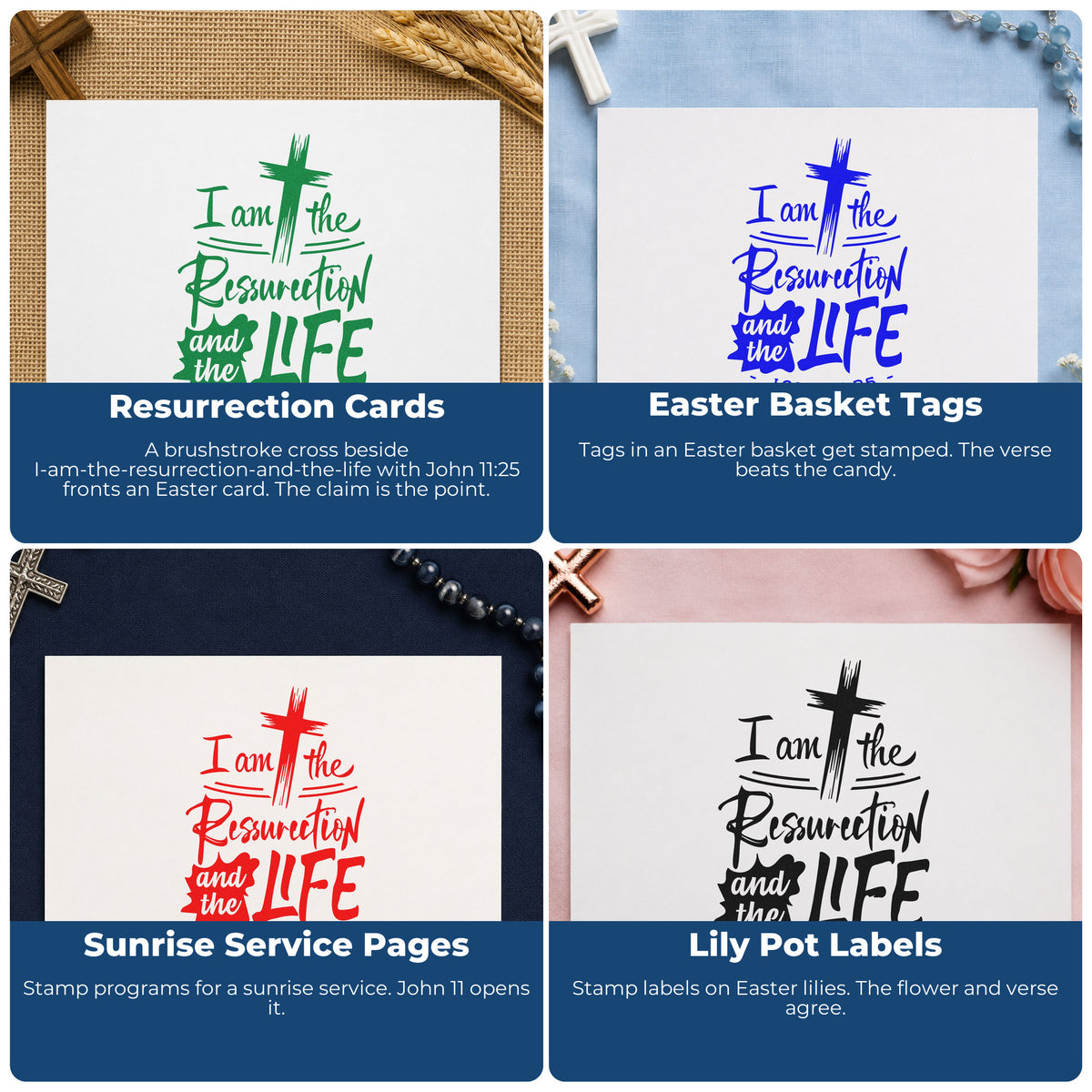 Four ways to use the Resurrection And Life Wood-Mounted Rubber Stamp: resurrection cards, easter basket tags, sunrise service pages and lily pot labels.