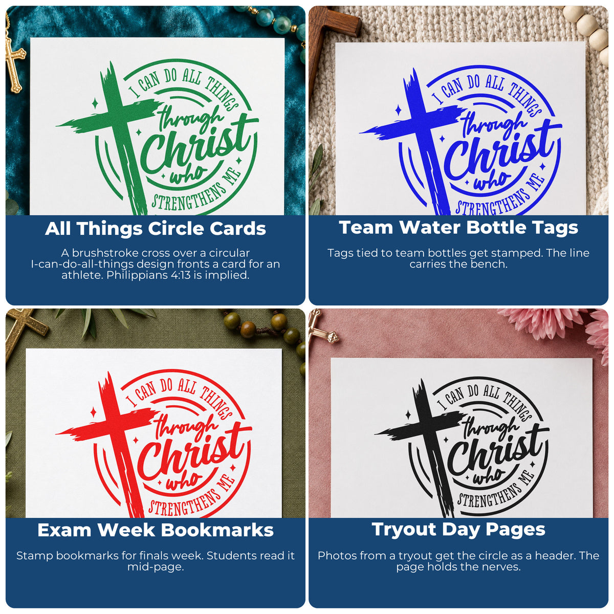 Four ways to use the All Things Through Christ Badge Premium Wood-Mounted Stamp - Vintage Pro: all things circle cards, team water bottle tags, exam week bookmarks and tryout day pages.