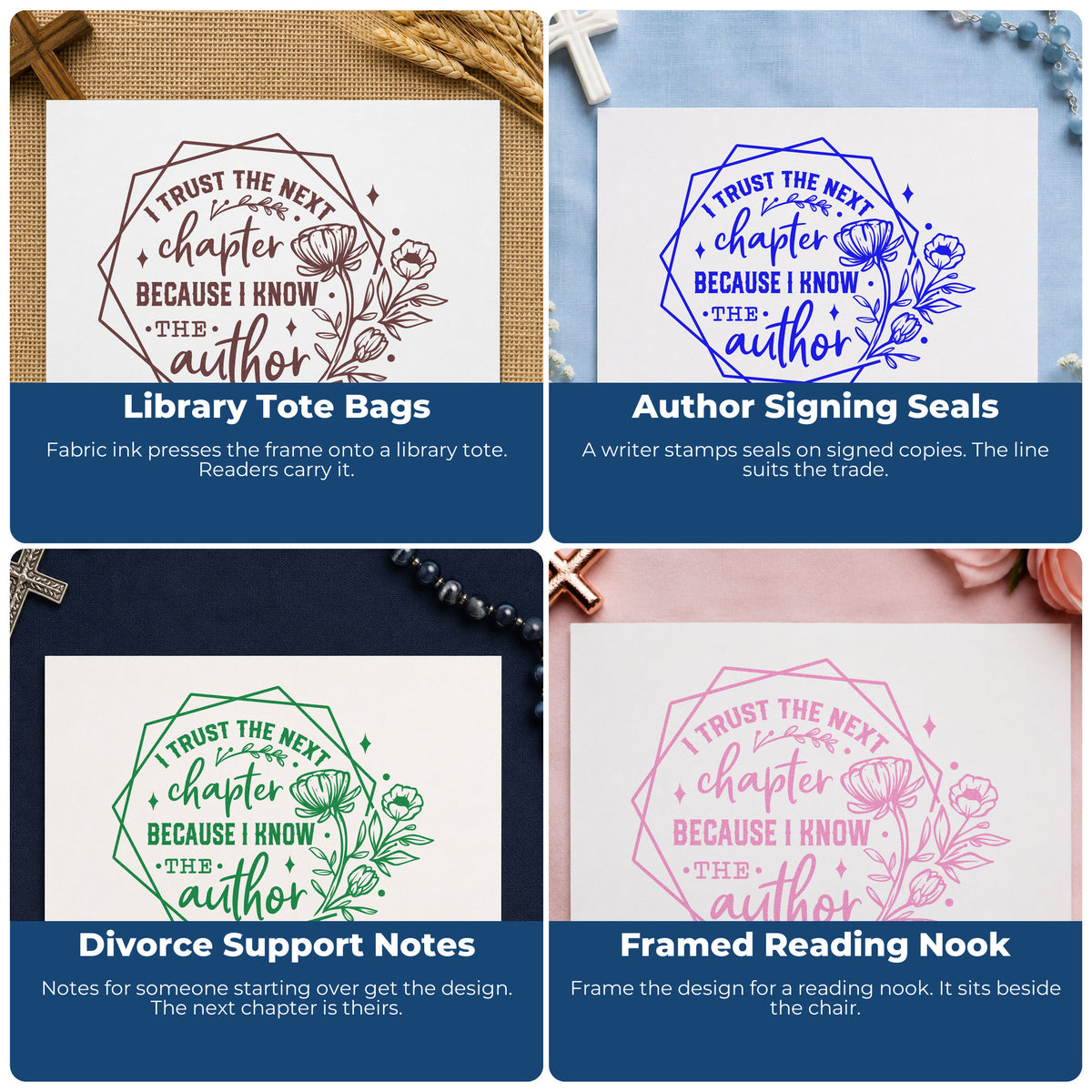 Four ways to use the I Trust The Next Chapter Because I Know The Author Premium Wooden Stamp - Vintage Pro: library tote bags, author signing seals, divorce support notes and framed reading nook.