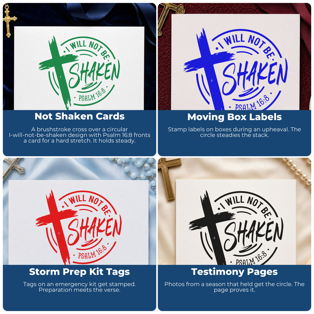 Christian rubber stamp examples for Bible journaling, prayer cards, faith scrapbook pages, and church event favors.