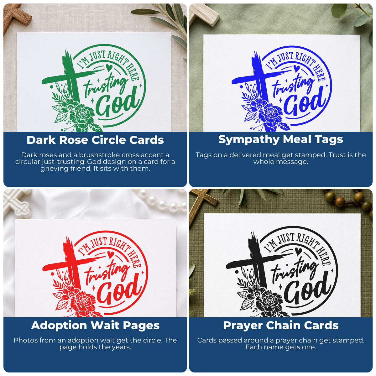 Four ways to use the Trusting God Solid Roses Brushstroke Cross Stamp - Premium Vintage Pro Wooden: dark rose circle cards, sympathy meal tags, adoption wait pages and prayer chain cards.