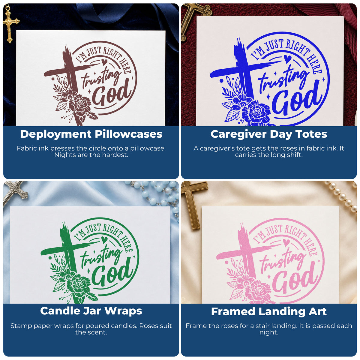Four ways to use the Trusting God Solid Roses Brushstroke Cross Stamp - Premium Vintage Pro Wooden: deployment pillowcases, caregiver day totes, candle jar wraps and framed landing art.