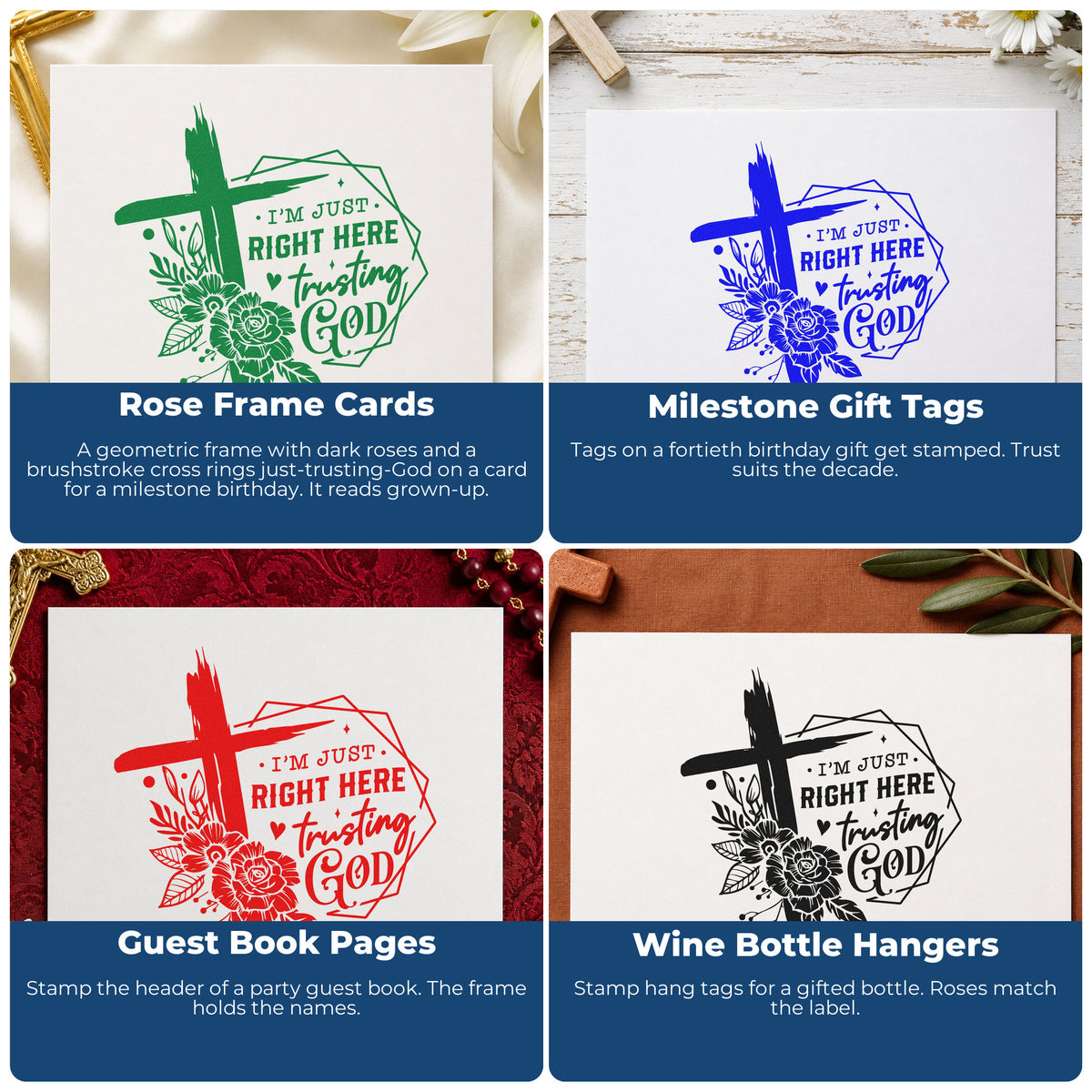 Four ways to use the Trusting God Geometric Roses Brushstroke Cross Wood-Mounted Rubber Stamp: rose frame cards, milestone gift tags, guest book pages and wine bottle hangers.