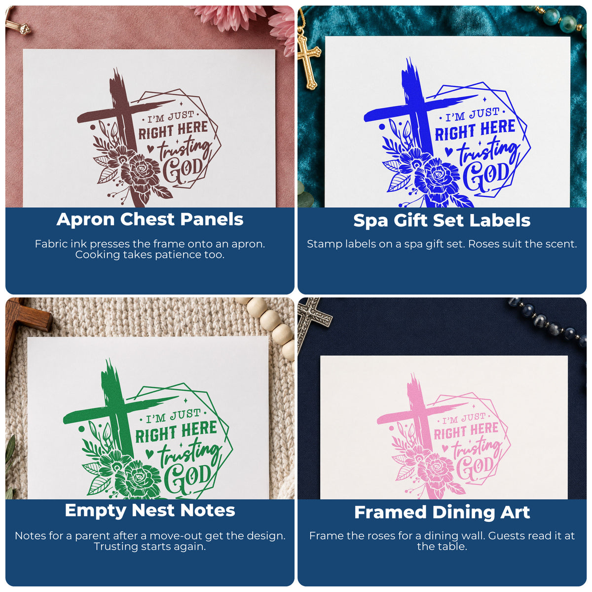 Four ways to use the Trusting God Geometric Roses Brushstroke Cross Wood-Mounted Rubber Stamp: apron chest panels, spa gift set labels, empty nest notes and framed dining art.