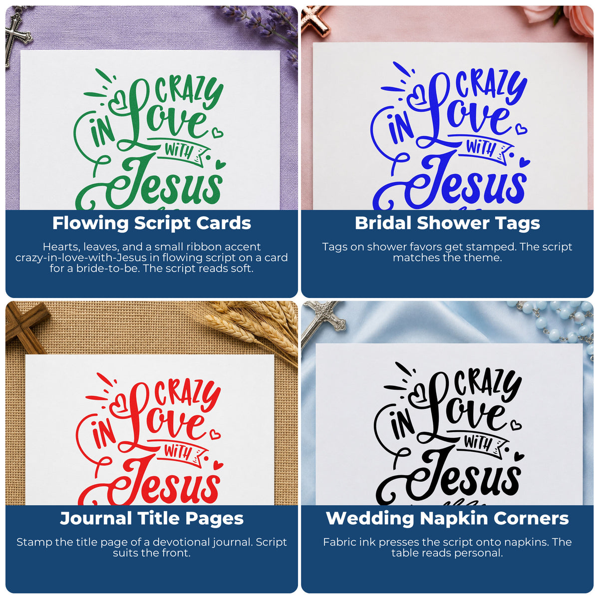 Four ways to use the Crazy In Love With Jesus Leaf Accents Pre-Inked Stamp – Slim: flowing script cards, bridal shower tags, journal title pages and wedding napkin corners.