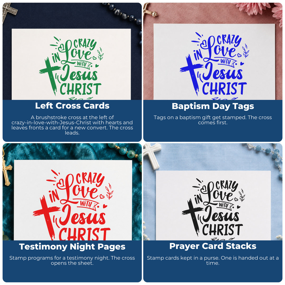 Four ways to use the Crazy In Love Cross Left Wood Handle Stamp: left cross cards, baptism day tags, testimony night pages and prayer card stacks.