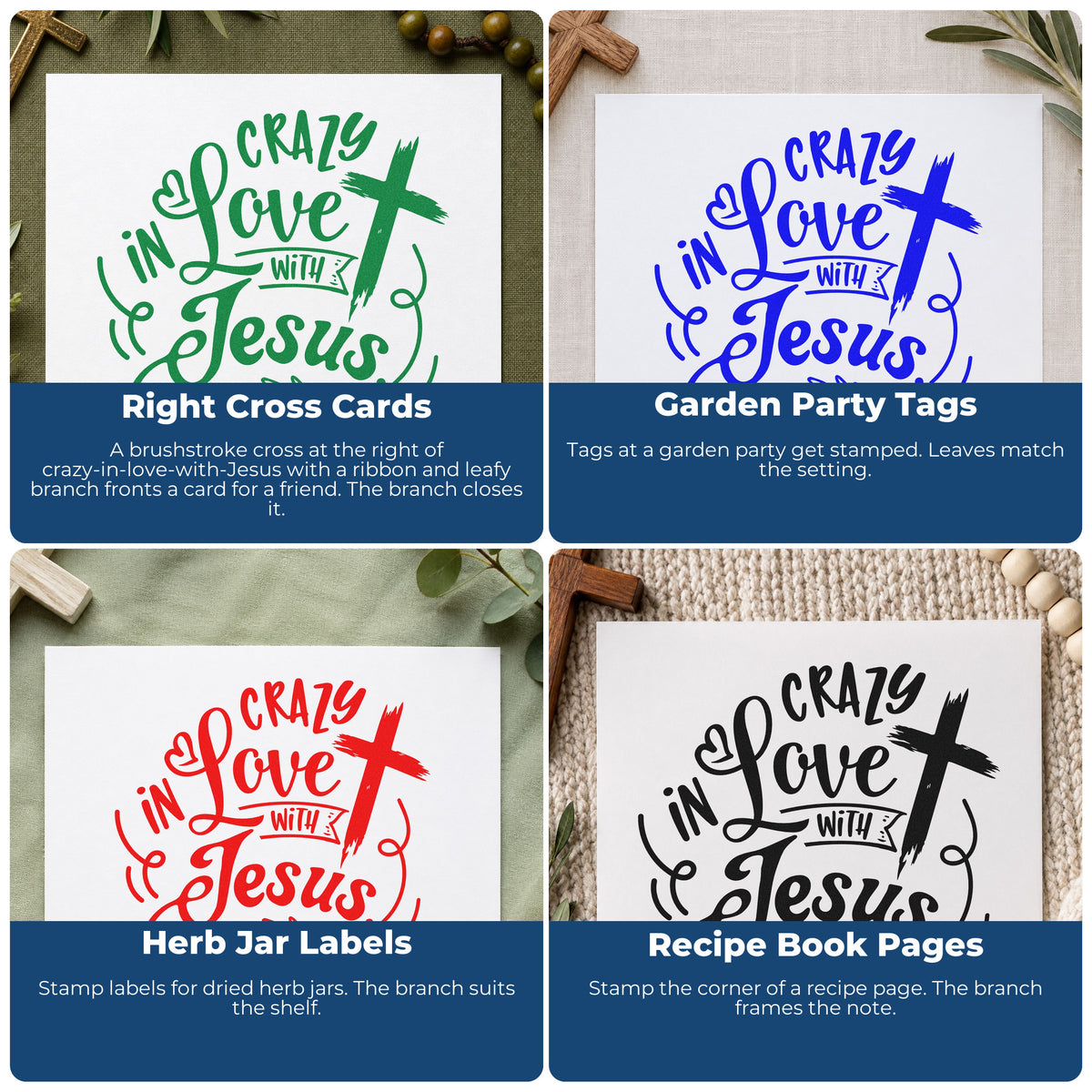 Four ways to use the Crazy In Love Cross Right Leaf Accents Premium Wooden Stamp - Vintage Pro: right cross cards, garden party tags, herb jar labels and recipe book pages.