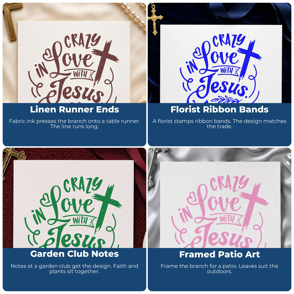 Four ways to use the Crazy In Love Cross Right Leaf Accents Rubber Stamp – Wood Handle: linen runner ends, florist ribbon bands, garden club notes and framed patio art.
