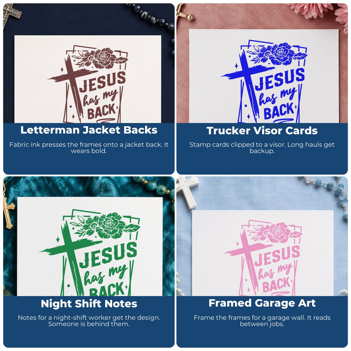 Four ways to use the Pre-Inked Jesus Has My Back Rose Framed Lettering Stamp – PSI: letterman jacket backs, trucker visor cards, night shift notes and framed garage art.