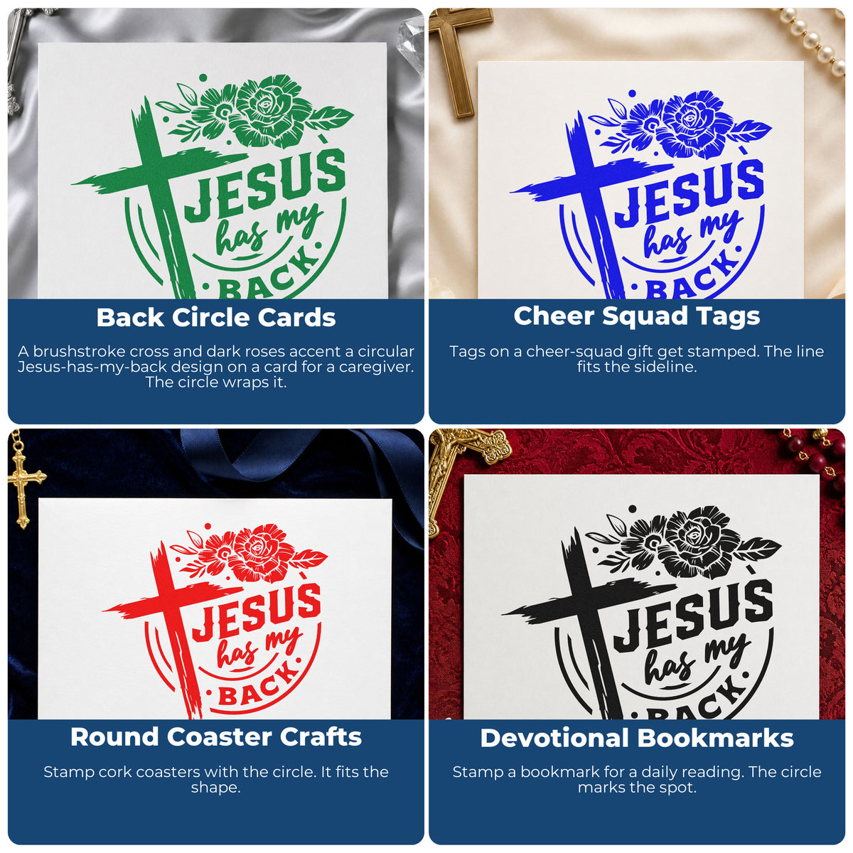 Four ways to use the Jesus Has My Back Rose Badge Premium Wood-Mounted Stamp - Vintage Pro: back circle cards, cheer squad tags, round coaster crafts and devotional bookmarks.