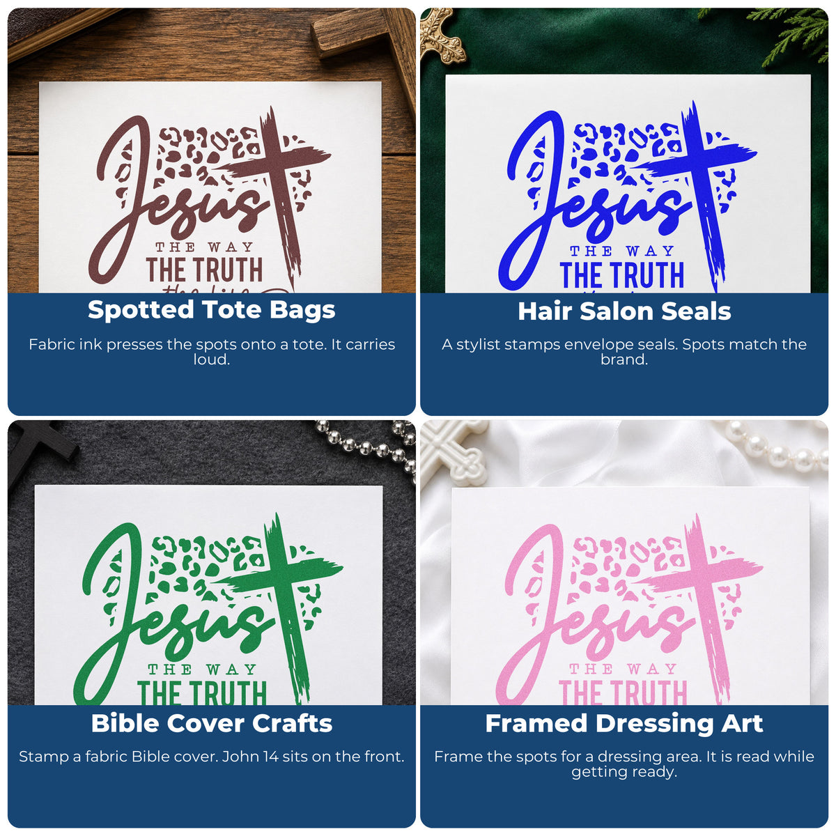 Four ways to use the PSI Pre-Inked Jesus The Way Leopard Cross Stamp: spotted tote bags, hair salon seals, bible cover crafts and framed dressing art.