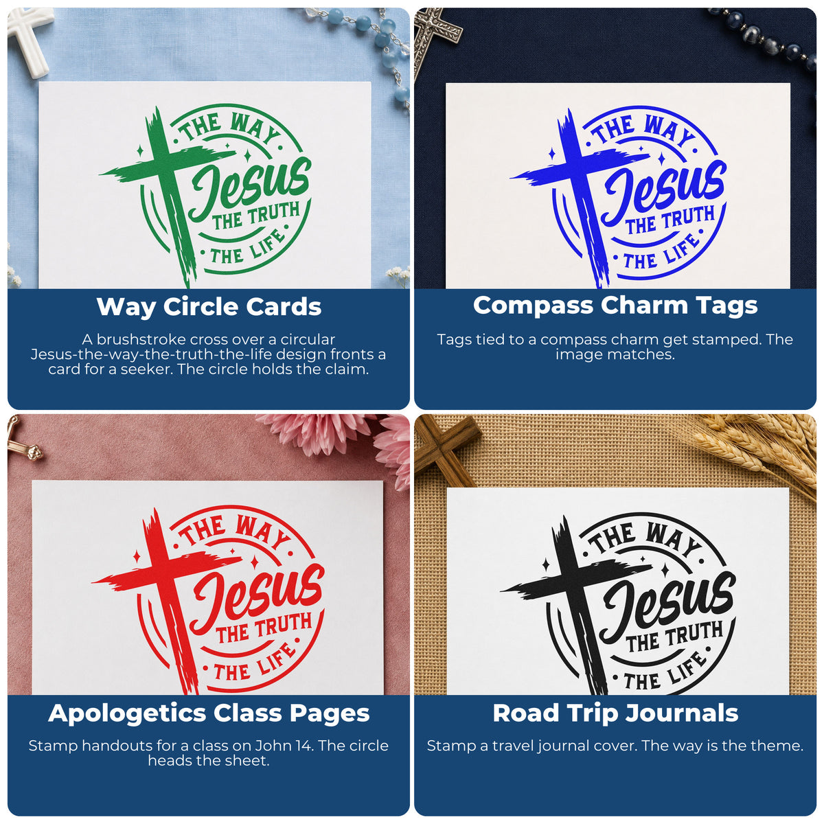 Four ways to use the Jesus, The Way, The Truth, The Life Self-Inking Craft Stamp: way circle cards, compass charm tags, apologetics class pages and road trip journals.