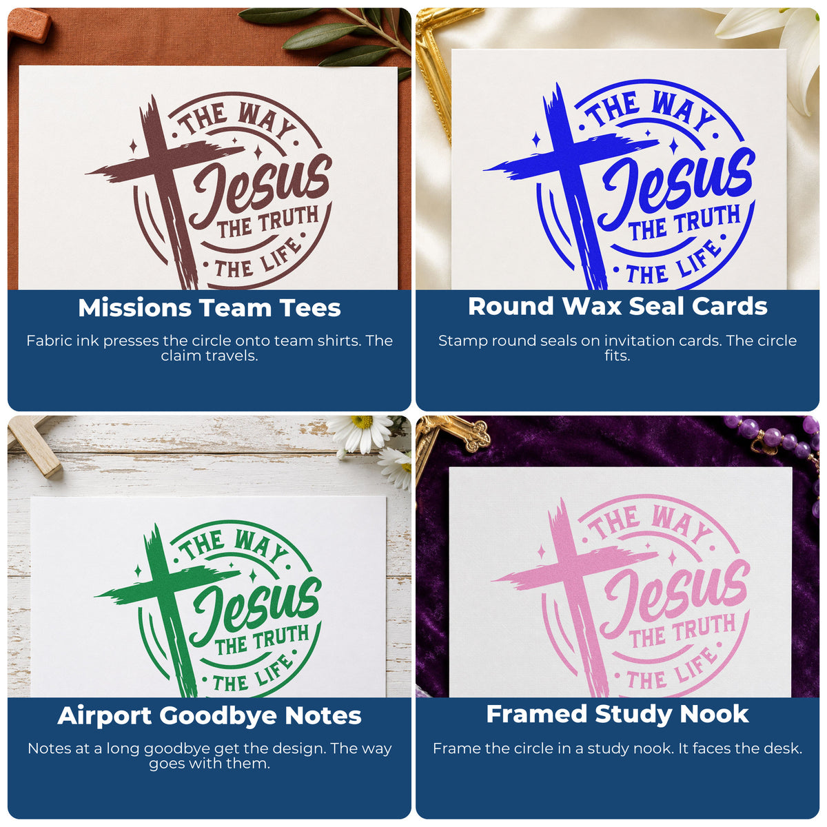 Four ways to use the Jesus, The Way, The Truth, The Life Pre-Inked Stamp – PSI: missions team tees, round wax seal cards, airport goodbye notes and framed study nook.