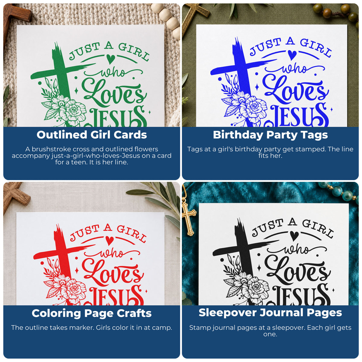 Four ways to use the Just A Girl Who Loves Jesus Brushstroke Cross Stamp - Premium Vintage Pro Wooden: outlined girl cards, birthday party tags, coloring page crafts and sleepover journal pages.
