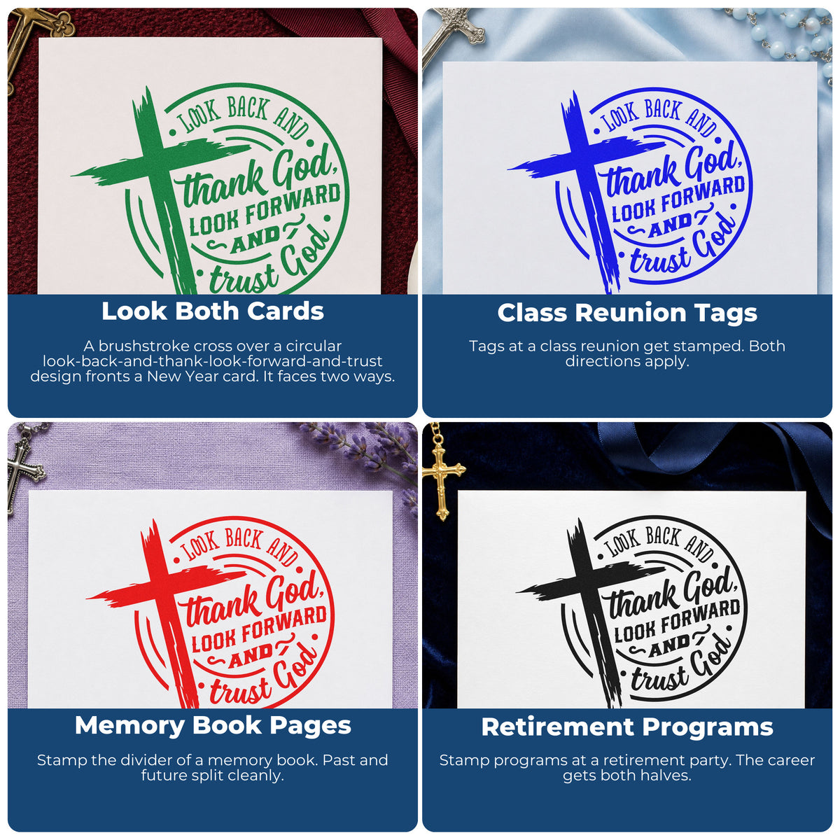 Four ways to use the Look Back Thank God Emblem Rubber Stamp – Wood Handle: look both cards, class reunion tags, memory book pages and retirement programs.