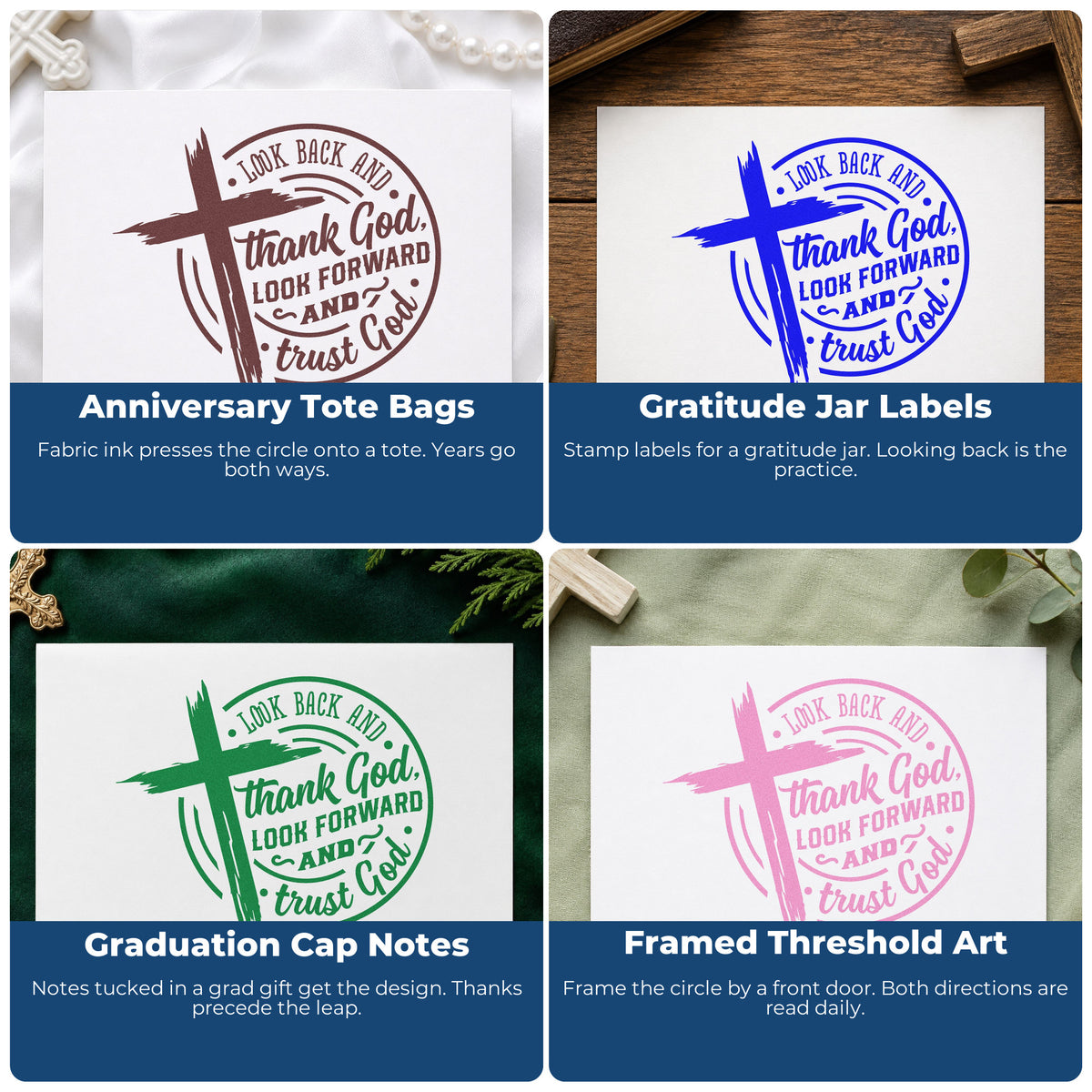 Four ways to use the Look Back Thank God Emblem Hand Stamp – Duo: anniversary tote bags, gratitude jar labels, graduation cap notes and framed threshold art.
