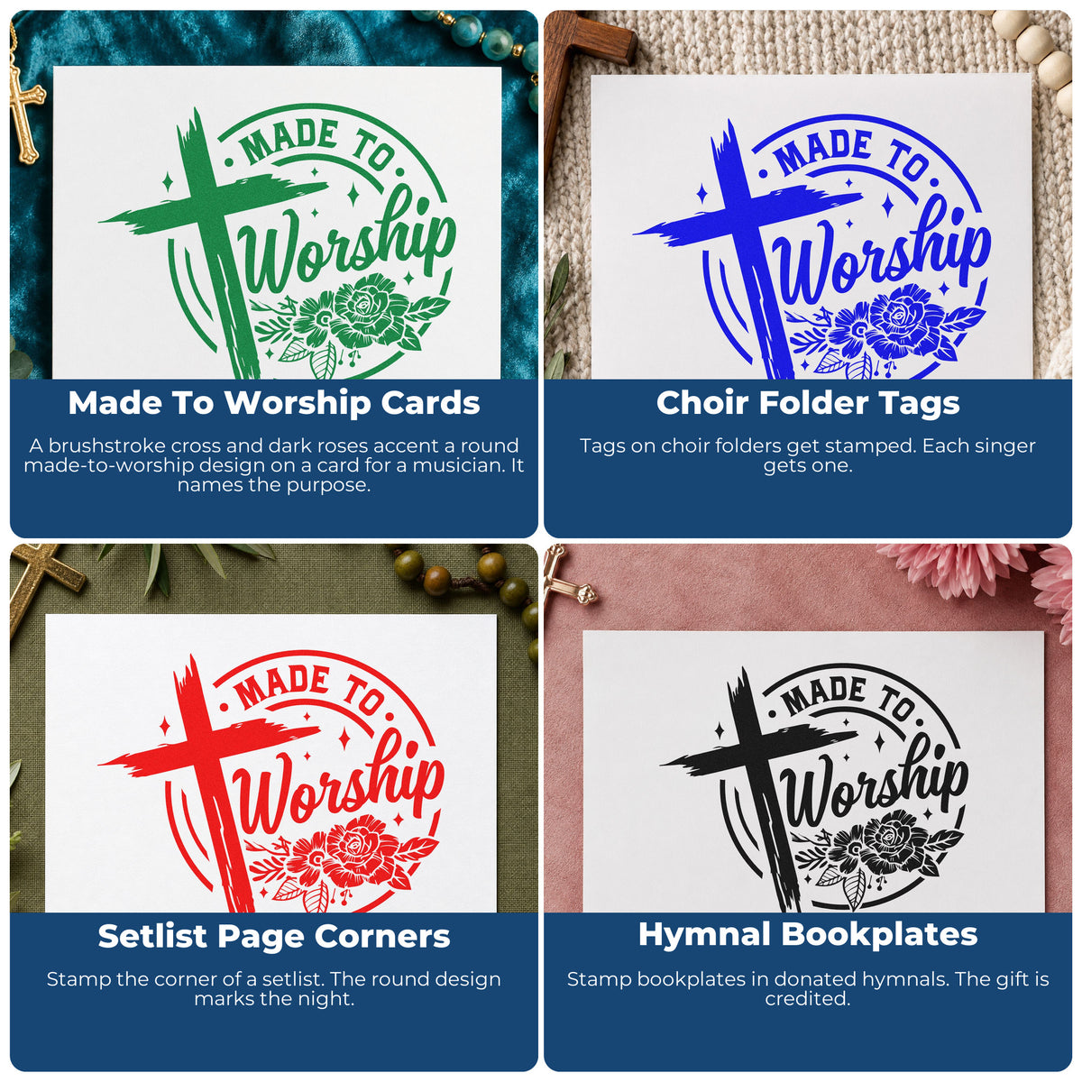 Four ways to use the Made To Worship Roses Brushstroke Cross Rubber Stamp – Wood Handle: made to worship cards, choir folder tags, setlist page corners and hymnal bookplates.