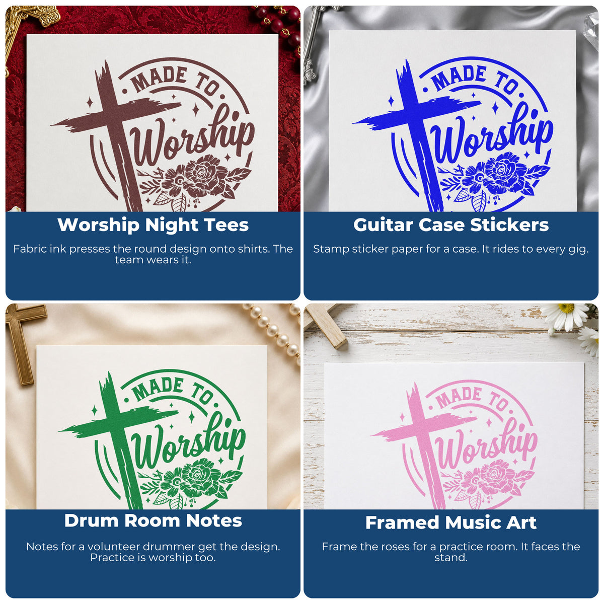 Four ways to use the Made To Worship Roses Brushstroke Cross Rubber Stamp – Wood Handle: worship night tees, guitar case stickers, drum room notes and framed music art.