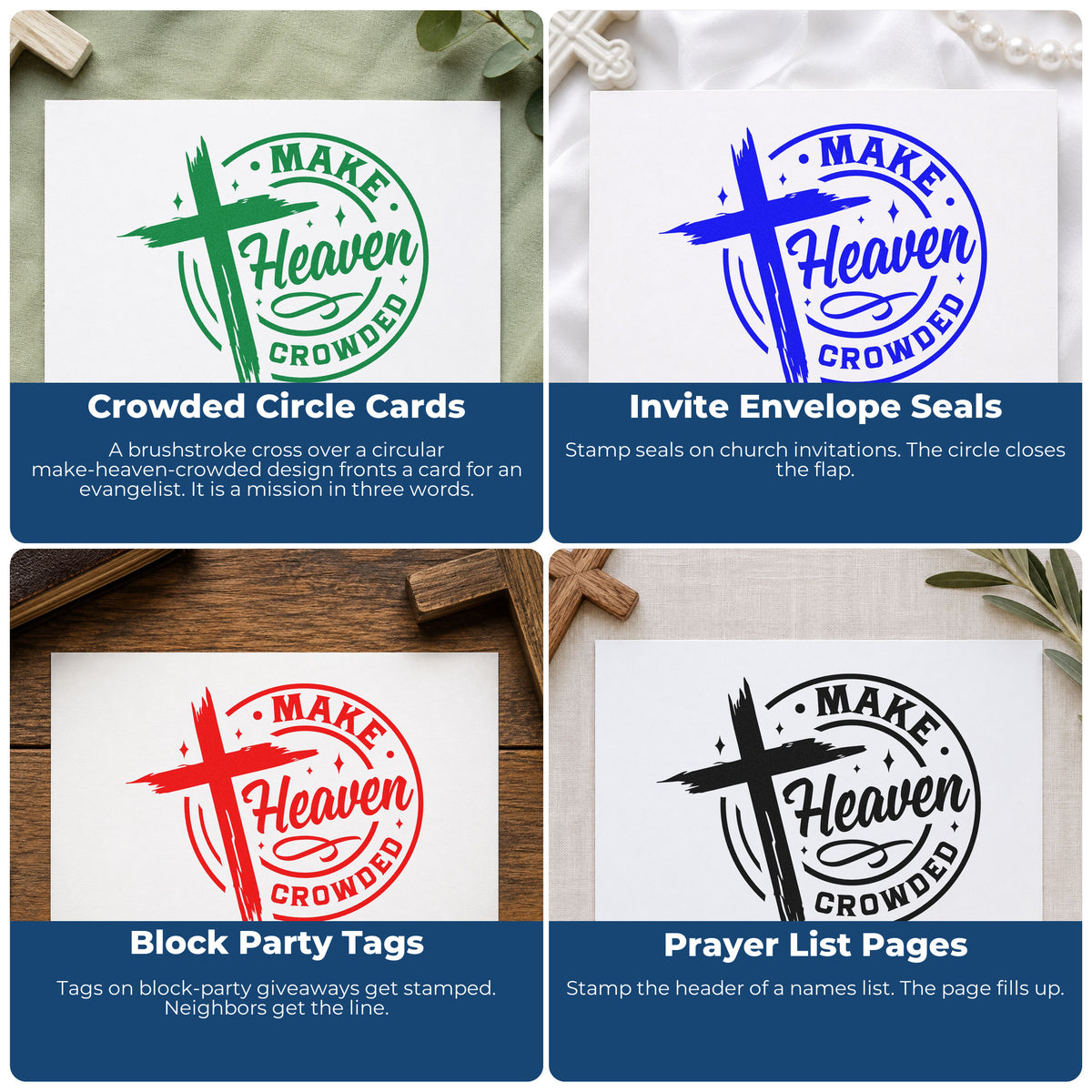 Four ways to use the Make Heaven Crowded Badge Rubber Stamp – Duo Hand: crowded circle cards, invite envelope seals, block party tags and prayer list pages.