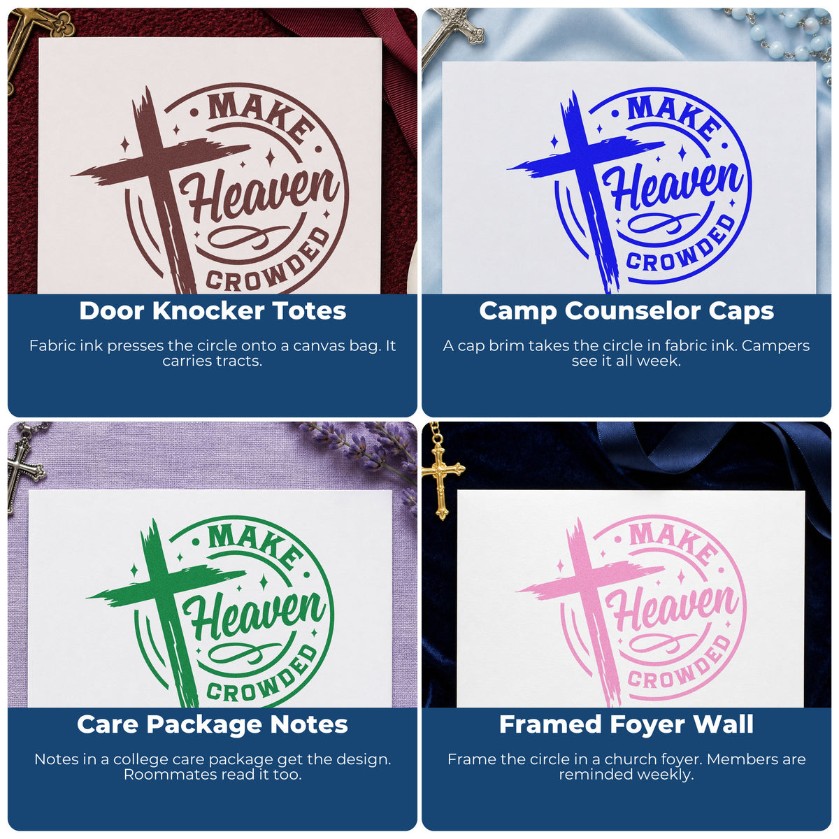 Four ways to use the Make Heaven Crowded Badge Self-Inking Stamp: door knocker totes, camp counselor caps, care package notes and framed foyer wall.