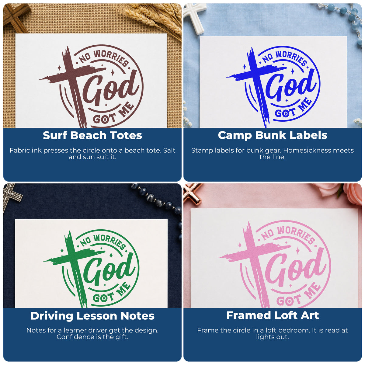 Four ways to use the No Worries God Got Me Emblem Duo Hand Stamp: surf beach totes, camp bunk labels, driving lesson notes and framed loft art.