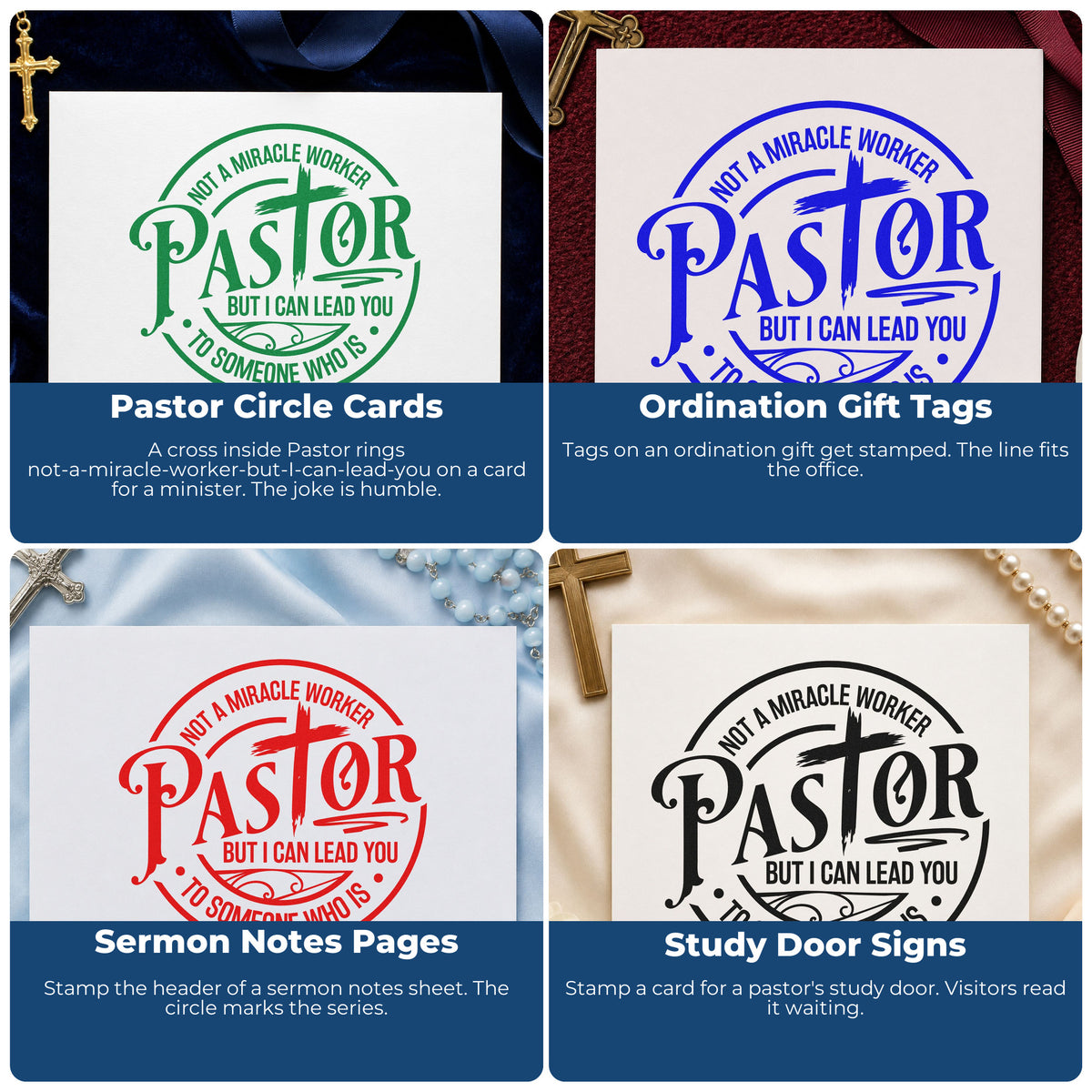 Four ways to use the Pastor Not A Miracle Worker With Cross Hand Stamp – Duo: pastor circle cards, ordination gift tags, sermon notes pages and study door signs.
