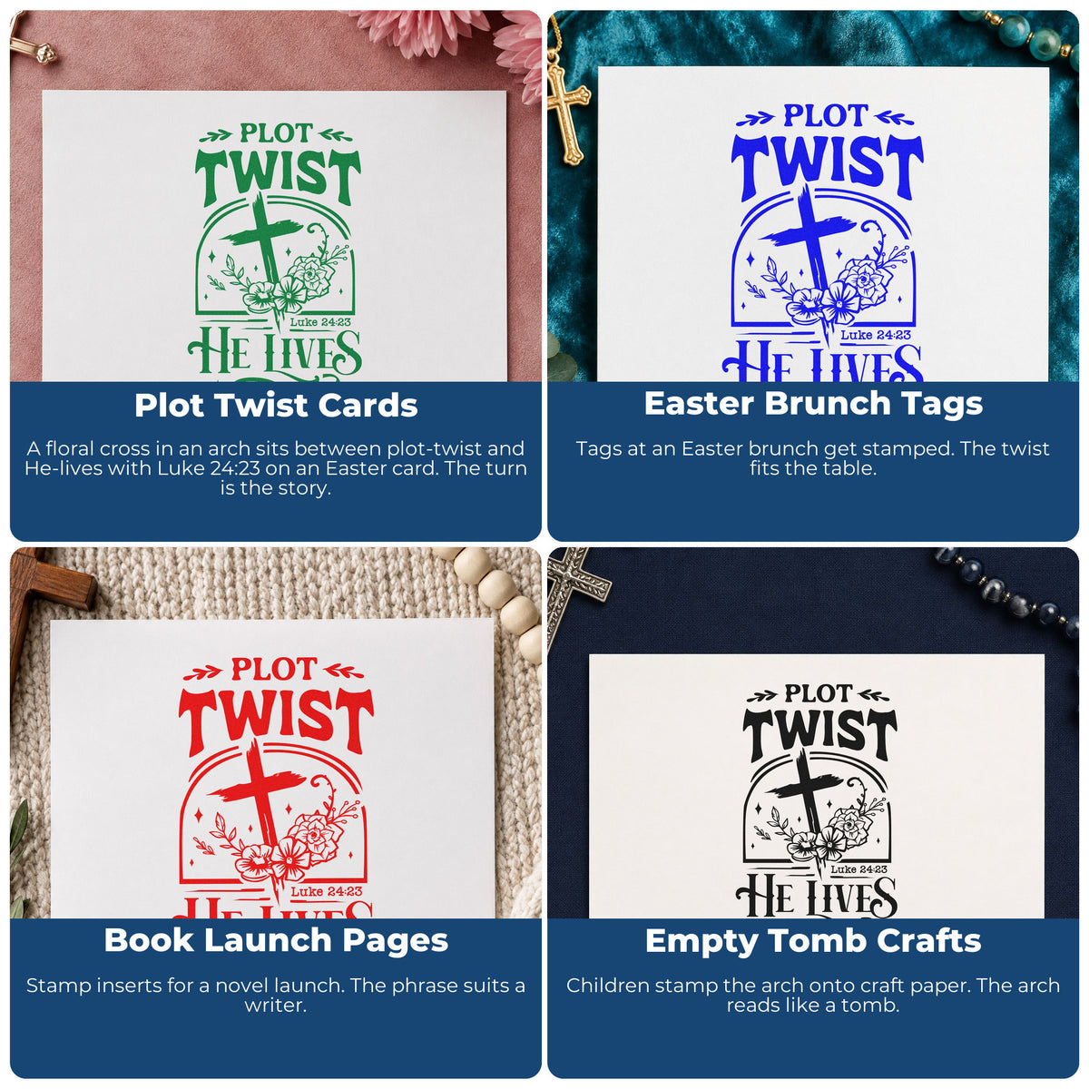 Four ways to use the Plot Twist He Lives With Cross Stamp - Premium Vintage Pro Wooden: plot twist cards, easter brunch tags, book launch pages and empty tomb crafts.