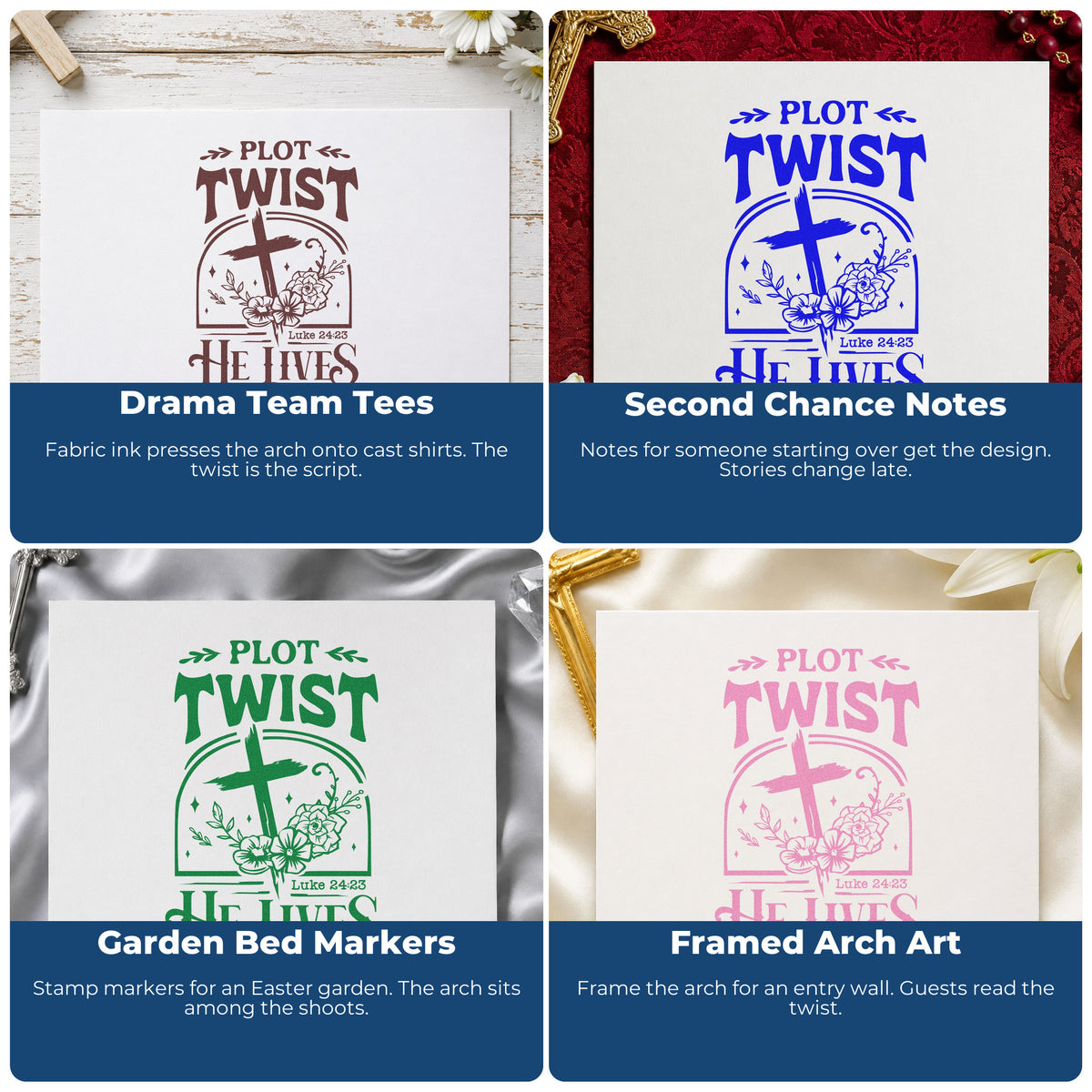 Four ways to use the Plot Twist He Lives With Cross Rubber Stamp – Duo Hand: drama team tees, second chance notes, garden bed markers and framed arch art.