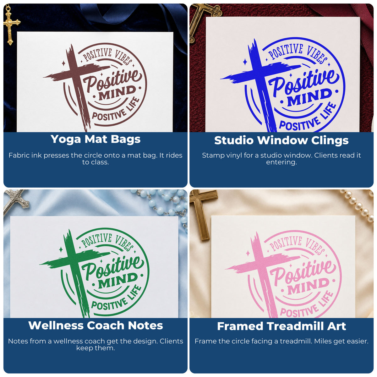 Four ways to use the Positive Vibes, Positive Mind, Positive Life Self-Inking Stamp: yoga mat bags, studio window clings, wellness coach notes and framed treadmill art.