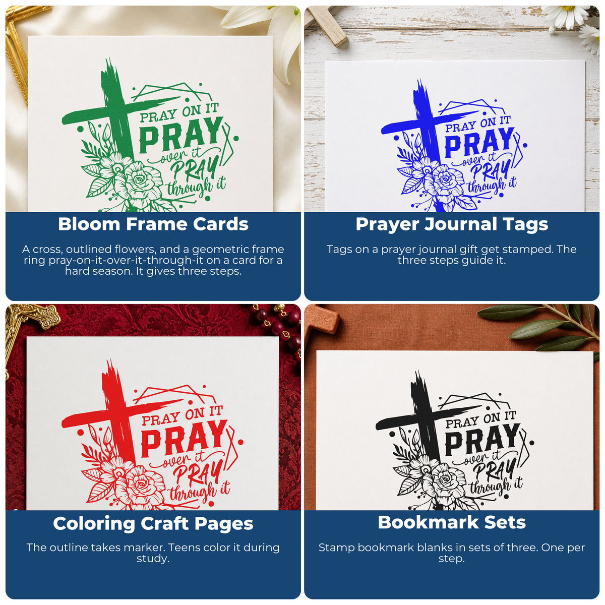 Four ways to use the Pray On It Floral Frame Premium Wooden Stamp - Vintage Pro: bloom frame cards, prayer journal tags, coloring craft pages and bookmark sets.
