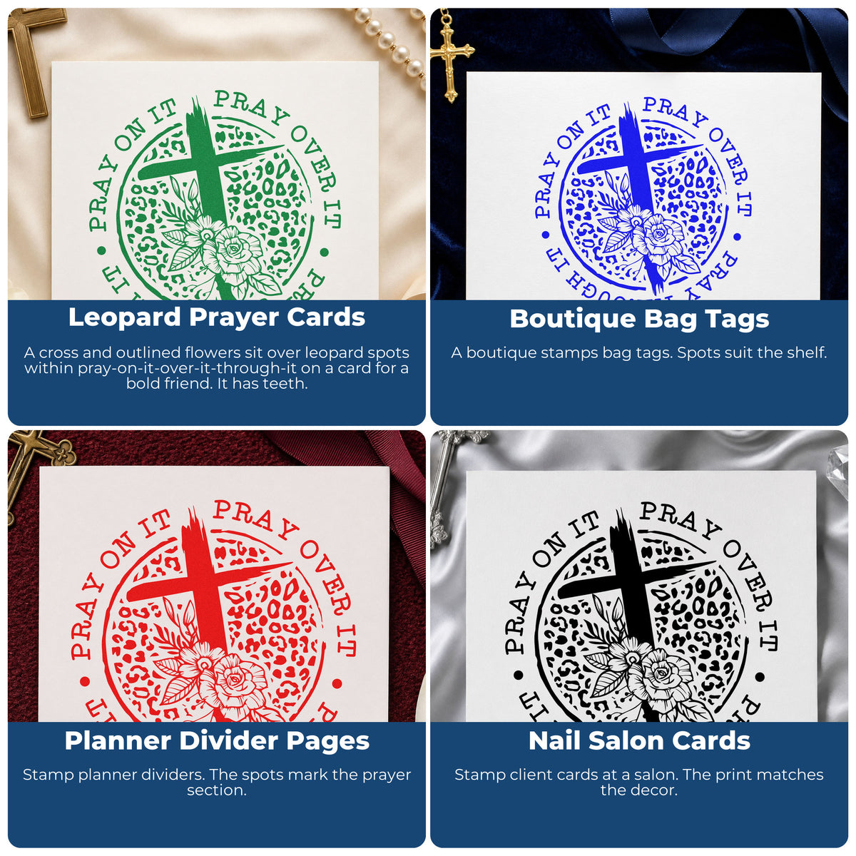 Four ways to use the Pray Leopard Floral Circle With Cross Stamp - Premium Vintage Pro Wooden: leopard prayer cards, boutique bag tags, planner divider pages and nail salon cards.