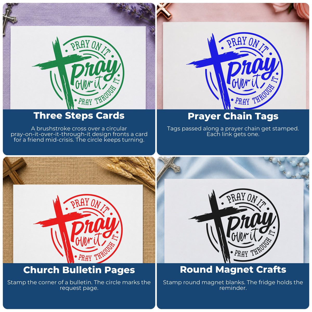 Four ways to use the Pray Over It Badge Stamp – Wood Handle: three steps cards, prayer chain tags, church bulletin pages and round magnet crafts.