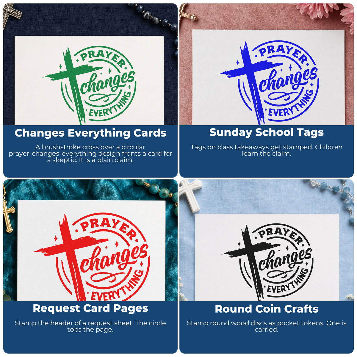 Four ways to use the Prayer Changes Everything Rubber Stamp – Wood Handle: changes everything cards, sunday school tags, request card pages and round coin crafts.