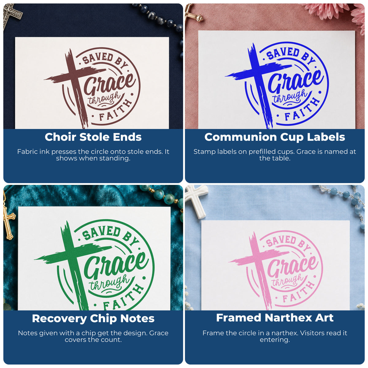 Four ways to use the Self-Inking Saved By Grace Through Faith Stamp: choir stole ends, communion cup labels, recovery chip notes and framed narthex art.