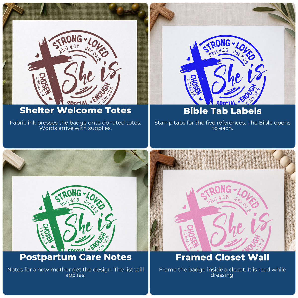 Four ways to use the She Is Strong Loved Chosen Brushstroke Cross Stamp – Self-Inking: shelter welcome totes, bible tab labels, postpartum care notes and framed closet wall.