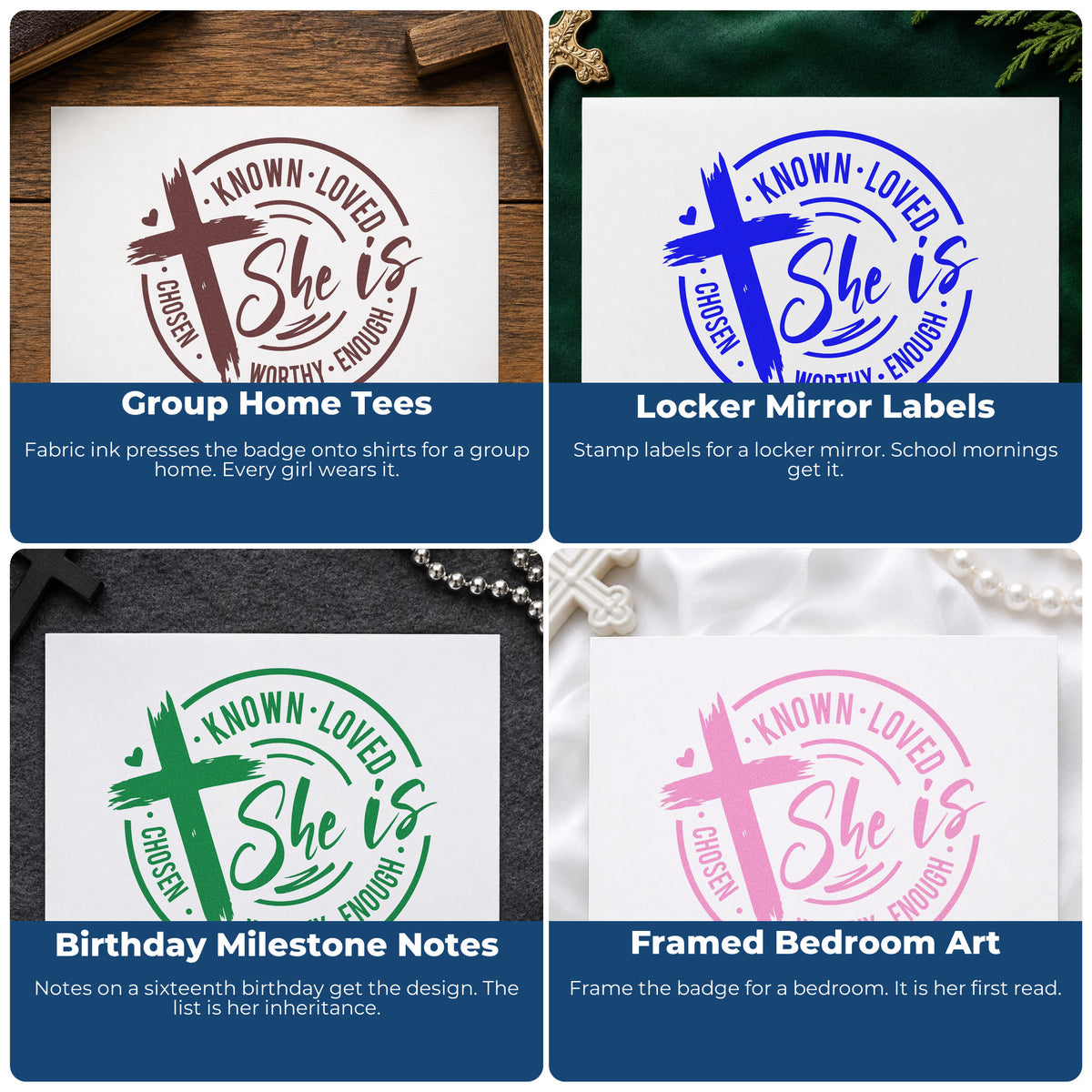 Four ways to use the She Is Known Loved Worthy Wood Handle Stamp: group home tees, locker mirror labels, birthday milestone notes and framed bedroom art.