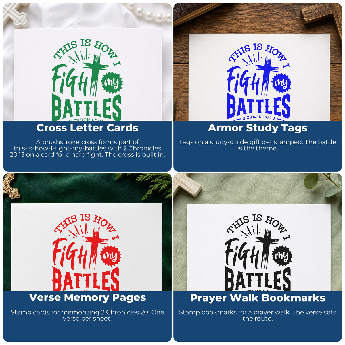 Four ways to use the Fight My Battles Cross Premium Wooden Stamp - Vintage Pro: cross letter cards, armor study tags, verse memory pages and prayer walk bookmarks.